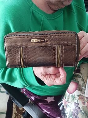 Michael Kors Brown Leather Zip Wallet with Gold Accents